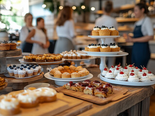 Delicious array of freshly baked desserts displayed at a cozy bakery during the afternoon