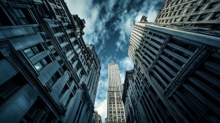 Naklejka premium A low-angle view of tall buildings in a city with a cloudy sky overhead.