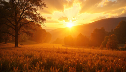 Golden autumn sunset over a peaceful meadow