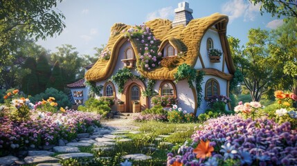 Obraz premium Charming Cottage with Flower Garden.
