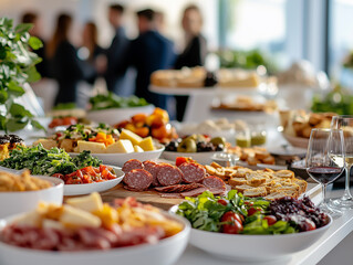 Obraz premium Elegant buffet spread featuring various appetizers, salads, and wines at a lively event in a bright, modern venue during afternoon hours