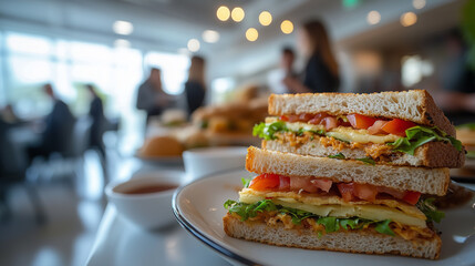 Freshly prepared sandwiches stacked on a plate in a bustling restaurant during lunchtime with customers enjoying their meals nearby