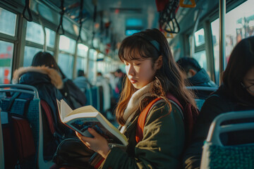 A busy scene on a city bus or train with commuters reading, listening to music, and looking out the window. The seats are mostly occupied, and the vehicle is moving through an urban landscape