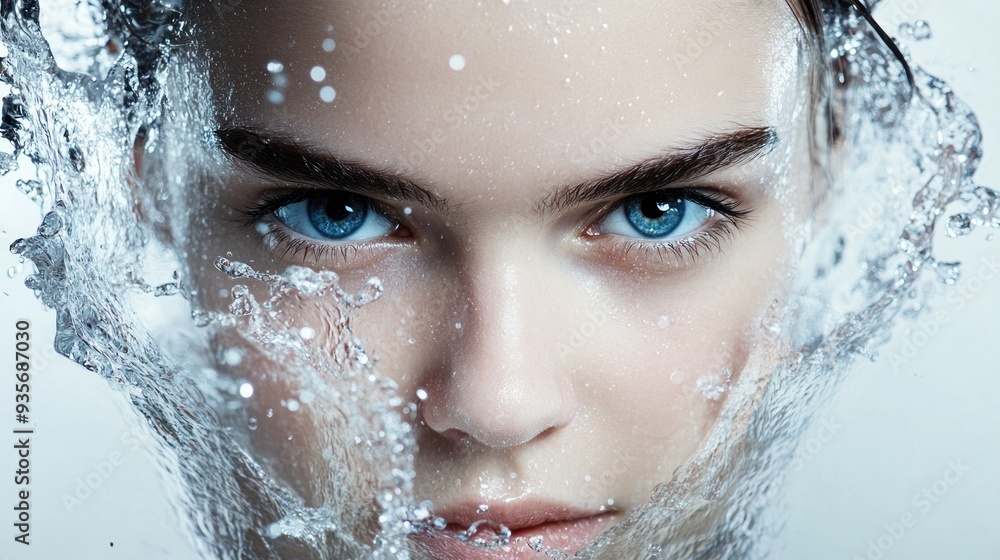 Sticker Close-up portrait of a woman's face with water splashing around her eyes, nose, and lips.