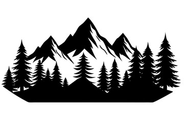 Forest Silhouette with Distant Mountain Range – Black and White Vector Illustration