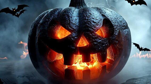 Creepy Halloween grinning pumpkins glow in the dark among the fog. jack-o-lantern black background in smoke. Smoke moving around Happy Halloween design 4k video