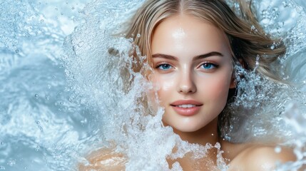 Beautiful young woman with blond hair in a close-up shot, with water splashing all around her.