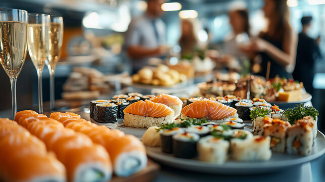 A vibrant sushi spread featuring various rolls and sashimi at a social gathering during evening hours