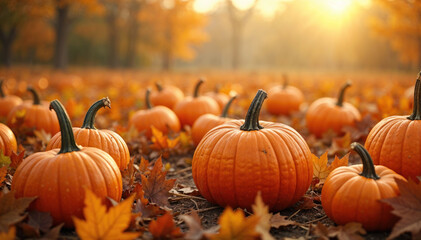 Pumpkin patch in an autumn field with colorful leaves