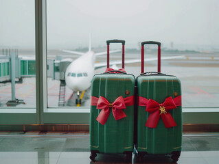 Green suitcase airport terminal holiday travel copy space luggage gift concept festive airport background transportation journey vacation wanderlust traveler adventure flyer flyer baggage waiting gate
