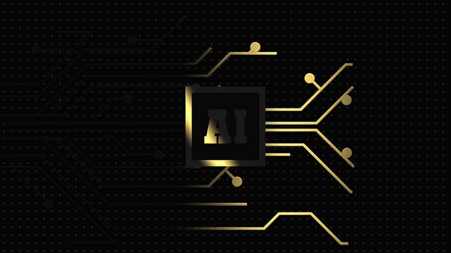 Gold AI letters on black background with circuit board, ideal for technology concepts, artificial intelligence designs, futuristic themes, and digital innovation projects.