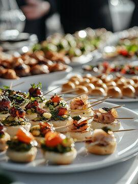 Elegant appetizers displayed at an upscale catering event during a sunny afternoon, showcasing various gourmet options for guests
