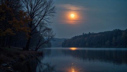 Quiet autumn evening by a lake with a full moon