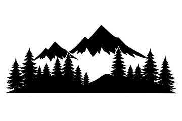 Forest Silhouette with Distant Mountain Range – Black and White Vector Illustration