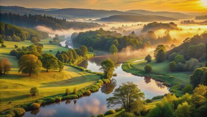 Serene river winds through misty valley, golden light of dawn casting gentle glow on lush green trees and rolling hills, nature's peaceful morning scene.