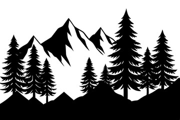 Forest Silhouette with Distant Mountain Range – Black and White Vector Illustration