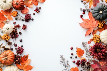 Autumnal Frame with Pumpkins, Leaves, and Berries