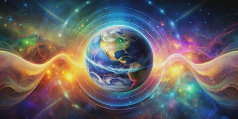 Surreal illustration of cosmic waves radiating from a glowing globe, surrounded by vibrant colors, symbolizing unity and interconnectedness with the universe.