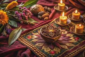 Rich velvet cloth adorned with sacred geometries and flowers cradles a ceremonial cacao pod, surrounded by gentle candlelight and soothing nature elements.