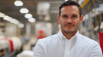 Fototapeta premium A young man in a white shirt stands confidently in an industrial setting.