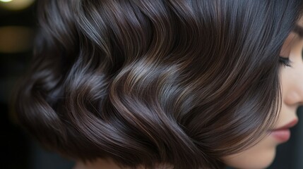 Naklejka premium A model displays a short, wavy bob hairstyle featuring rich brown tones, highlighted in soft light for an elegant look.