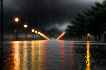 A rainy night street illuminated by glowing street lamps, reflecting light on wet pavement, creating a serene atmosphere.
