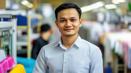 Fototapeta premium A young man in a blue striped shirt is smiling into the camera. He is standing in a factory setting with blurred background of machinery and fabric.