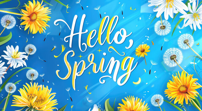 "Hello, Spring," spring flowers and dandelions on a blue background, text written in a white cursive font with a yellow outline. 