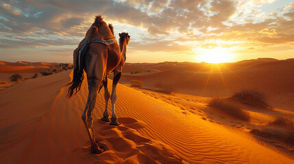 The scene captures a sandy, hot desert dune where a camel takes measured steps against an African landscape. Made with generative ai
