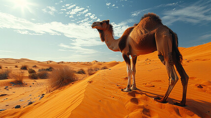 The scene captures a sandy, hot desert dune where a camel takes measured steps against an African landscape. Made with generative ai
