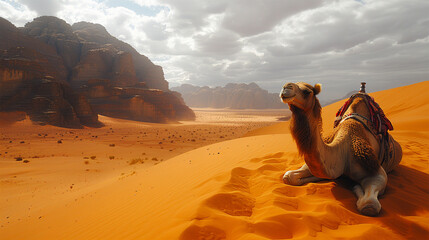 The scene captures a sandy, hot desert dune where a camel takes measured steps against an African landscape. Made with generative ai

