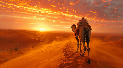 The scene captures a sandy, hot desert dune where a camel takes measured steps against an African landscape. Made with generative ai
