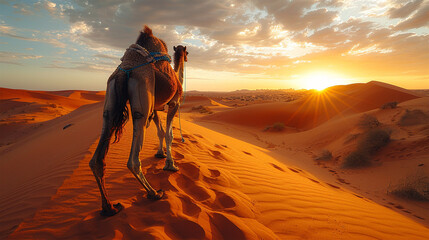 The scene captures a sandy, hot desert dune where a camel takes measured steps against an African landscape. Made with generative ai
