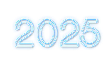 Image of number 2025 in blue neon text on white background . Template and new year concept.
