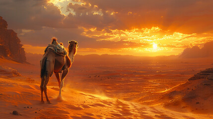 The scene captures a sandy, hot desert dune where a camel takes measured steps against an African landscape. Made with generative ai
