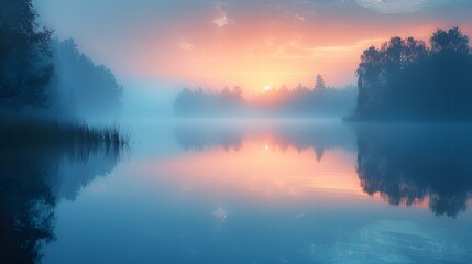 a body of water with trees and a sunset. 
