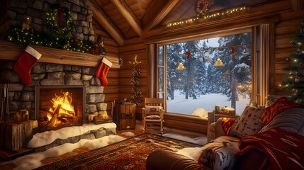 93. A cozy cabin interior with a warm fire, holiday decorations, and snow visible through the window