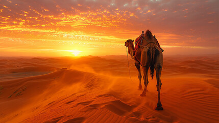 The scene captures a sandy, hot desert dune where a camel takes measured steps against an African landscape. Made with generative ai
