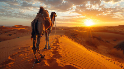 The scene captures a sandy, hot desert dune where a camel takes measured steps against an African landscape. Made with generative ai
