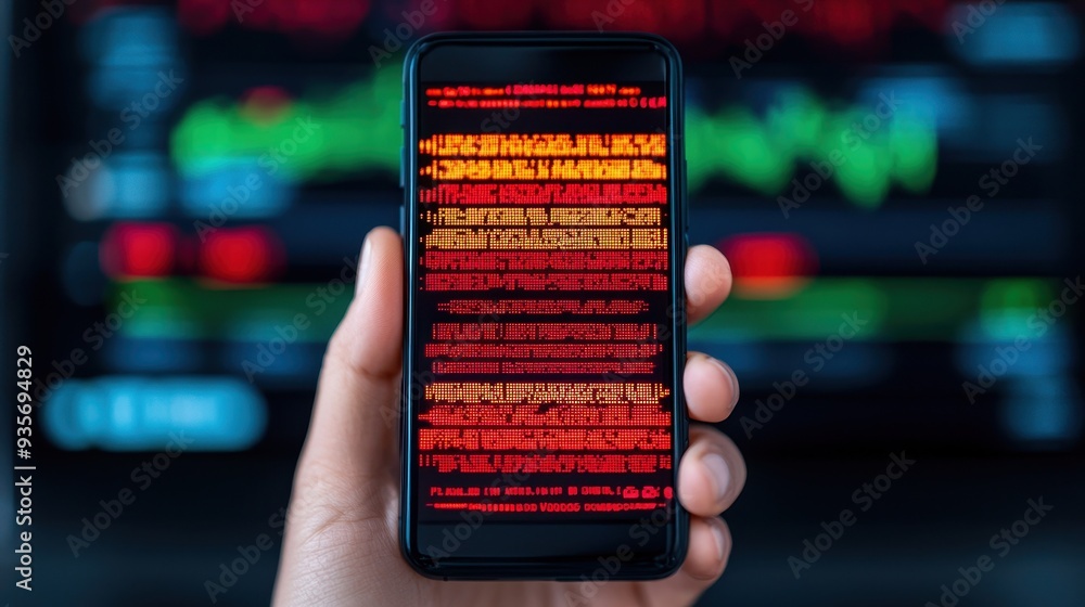 Poster A hand holds a smartphone displaying text in red and orange against a background of digital graphs and data analysis.