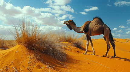 The scene captures a sandy, hot desert dune where a camel takes measured steps against an African landscape. Made with generative ai
