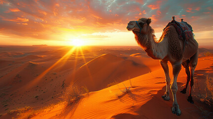 The scene captures a sandy, hot desert dune where a camel takes measured steps against an African landscape. Made with generative ai
