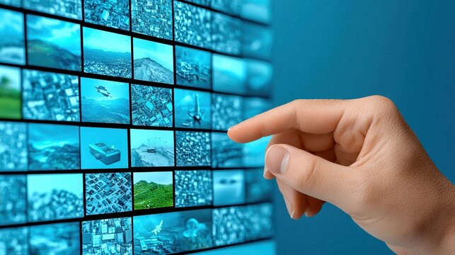 A hand interacts with a digital screen showcasing a collage of vibrant images, symbolizing technology and creativity.