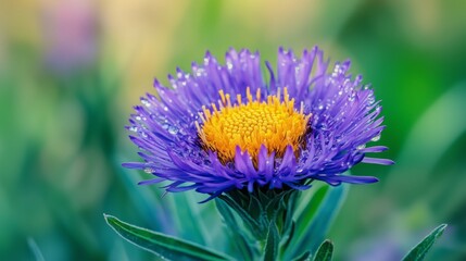 Obraz premium A close-up of Serratula coronata shows spiky purple petals and a yellow center, framed by lush green leaves.