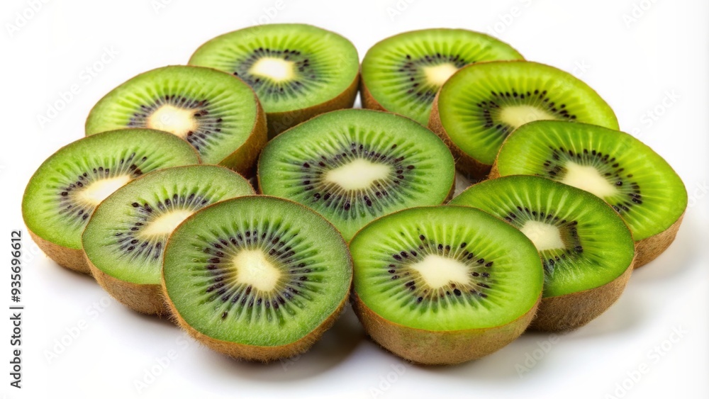 Poster freshly sliced vibrant green kiwi fruit arranged artfully in a circular pattern on a white backgroun