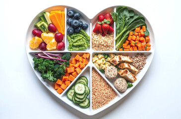 Heart shaped plate divided into sections each filled with a variety of healthy foods representing a balanced diet