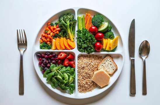 Plate divided into sections each filled with a variety of healthy foods representing a balanced diet