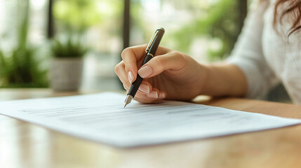 woman's hand gracefully holds a pen above a piece of paper with thoughtful writing, symbolizing creativity, planning, and personal expression in a serene and reflective setting
