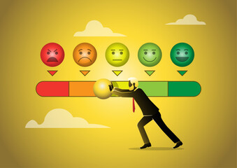 Businessman attempting to pushing rating bar to dissatisfaction level