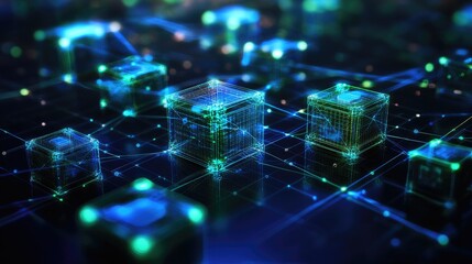 Abstract digital network with glowing cubes.